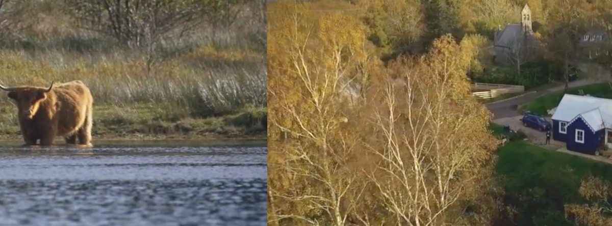 Aerial film of the Blue Cottage at Loch Awe and its surrounds