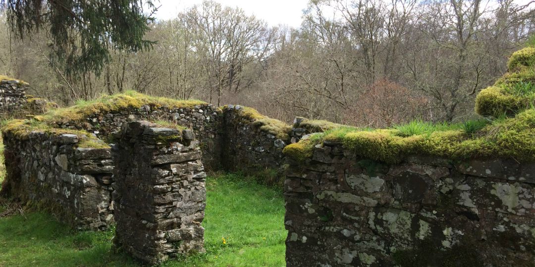 Ruin of a Crofting settlement on the Forestry Commission marked pathway through Barnaline Oakwoods and past Avich Falls, near Dalavich by Loch Awe